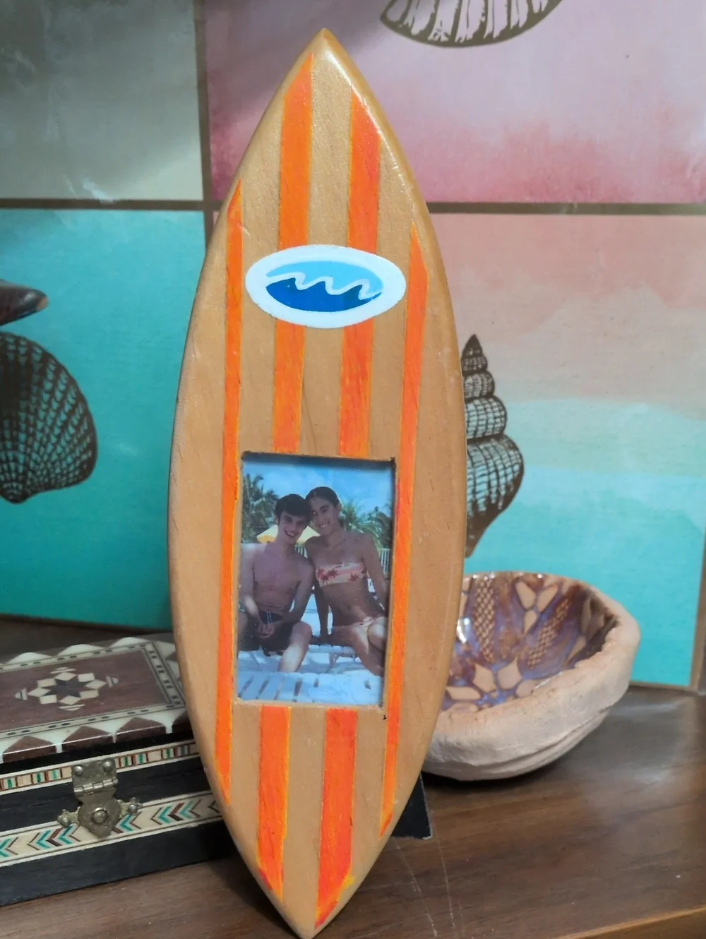 Wooden Surfboard Photo Frame - Orange Striped